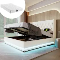 SINGULARITY -Gestoffeerd tweepersoonsbed 140 x 200 cm- hydraulisch opbergbed- hoofdbord met USB Type-C- 3-zijdige LED- met matras