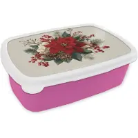 MuchoWow Broodtrommel Roze - Lunchbox Kerststuk - Poinsettia - Dennenappels - Rood - Brooddoos 18x12x6 cm - Brood lunch box - Broodtrommels voor kinderen en volwassenen