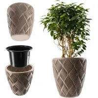 Kadax Bloempot met inzetstuk en handgrepen, plantenbak van kunststof in 5 maten, uv-bestendig, weerbestendig, hoog, met 3D-effect, laag, beige
