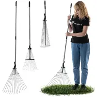 Kadax Hark voor bladeren en gras, verstelbare draadhark, hark met brede kop, grashark van metaal, bladhark met lange steel, tuinhark, bladhark, hark (15 tanden)