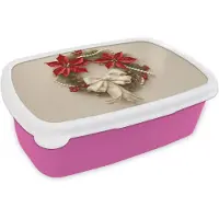 MuchoWow Broodtrommel Roze - Lunchbox Deurkrans - Strik - Kerst - Rood - Groen - Brooddoos 18x12x6 cm - Brood lunch box - Broodtrommels voor kinderen en volwassenen