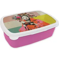 MuchoWow Broodtrommel Roze - Lunchbox Retro - Vrouw - Kopje - Vlinders - Brooddoos 18x12x6 cm - Brood lunch box - Broodtrommels voor kinderen en volwassenen