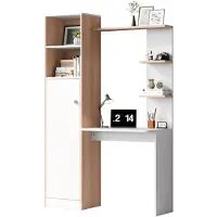 Merax Bureau met Opbergruimte – Wit met Houtaccent – Compact Computerbureau met Kast en Open Planken – Modern Design voor Kantoor of Homeoffice – 123,5×45×168,5 cm