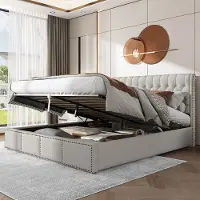 SINGULARITY -Gestoffeerd bed met hydraulische hendel- opbergruimte voor bedstedes- klinknageldecoratie- 160 x 200 cm- zonder matras- lichtgrijs