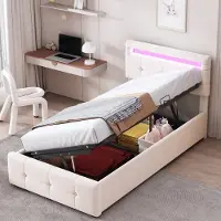 SINGULARITY -Gestoffeerd kinderbed 90x200 cm- met ledverlichting- hydraulisch opbergbed- in hoogte verstelbaar hoofdeinde- beige- zonder matras