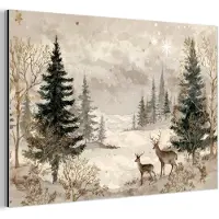 MuchoWow Aluminium schilderij 30x20 cm - Wanddecoratie metaal - Bos - Herten - Winter - Sneeuw - Metalen muurdecoratie woonkamer - Decoratie industrieel - Foto op dibond - Industriële accessoires slaapkamer