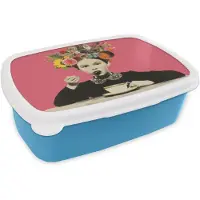 MuchoWow Broodtrommel Blauw - Lunchbox Meisje - Kopje - Bloemen - Roze - Brooddoos 18x12x6 cm - Brood lunch box - Broodtrommels voor kinderen en volwassenen