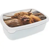 MuchoWow Broodtrommel Wit - Lunchbox Schotse hooglander - Tong - Hoorns - Brooddoos 18x12x6 cm - Brood lunch box - Broodtrommels voor kinderen en volwassenen