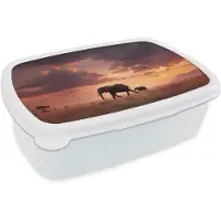 MuchoWow Broodtrommel Wit - Lunchbox Olifanten - Grasland - Zonsondergang - Brooddoos 18x12x6 cm - Brood lunch box - Broodtrommels voor kinderen en volwassenen