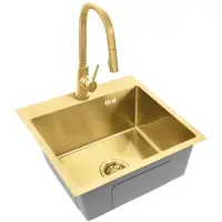 REA Leo 50 Keukenspoelbak Geborsteld Goud 50X45X18,5Cm + Keukenmengkraan Fresh Geborsteld Goud
