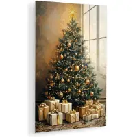 MuchoWow Glasschilderij 120x180 cm - Schilderij acrylglas - Kerstboom - Cadeaus - Goud - Foto op glas - Muurdecoratie woonkamer - Wanddecoratie slaapkamer - Schilderijen