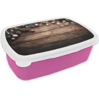 MuchoWow Broodtrommel Roze - Lunchbox Kerstdecoratie - Houten - Dennenappel - Bruin - Brooddoos 18x12x6 cm - Brood lunch box - Broodtrommels voor kinderen en volwassenen