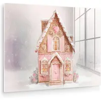 MuchoWow Glasschilderij 80x60 cm - Schilderij acrylglas - Huisje - Suiker - Pastel - Foto op glas - Muurdecoratie woonkamer - Wanddecoratie slaapkamer - Schilderijen