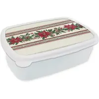MuchoWow Broodtrommel Wit - Lunchbox Kerststrook - Poinsettia - Rood - Groen - Brooddoos 18x12x6 cm - Brood lunch box - Broodtrommels voor kinderen en volwassenen