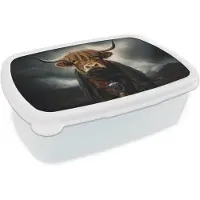 MuchoWow Broodtrommel Wit - Lunchbox Schotse hooglander - Sjaal - Bergen - Brooddoos 18x12x6 cm - Brood lunch box - Broodtrommels voor kinderen en volwassenen
