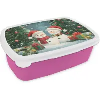 MuchoWow Broodtrommel Roze - Lunchbox Sneeuwpop - Kerstsneeuw - Groen - Rood - Brooddoos 18x12x6 cm - Brood lunch box - Broodtrommels voor kinderen en volwassenen