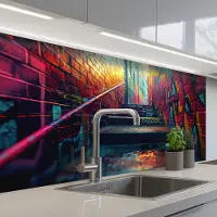 KitchenYeah Keuken achterwand 100x60 cm - Spatscherm zelfklevend Architectuur - Neon - Trap - Graffiti - Muurbeschermer - Spatwand fornuis