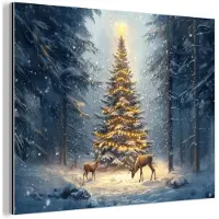 MuchoWow Aluminium schilderij 40x30 cm - Wanddecoratie metaal - Kerstlicht - Woud - Hert - Donker - Metalen muurdecoratie woonkamer - Decoratie industrieel - Foto op dibond - Industriële accessoires slaapkamer