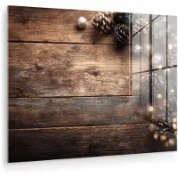 MuchoWow Glasschilderij 160x120 cm - Schilderij acrylglas - Kersthoekdecoratie - Dennenappels - Lichtjes - Foto op glas - Muurdecoratie woonkamer - Wanddecoratie slaapkamer - Schilderijen