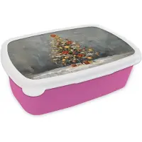 MuchoWow Broodtrommel Roze - Lunchbox Kerstboom - Cadeaus - Rood - Goud - Brooddoos 18x12x6 cm - Brood lunch box - Broodtrommels voor kinderen en volwassenen