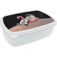 MuchoWow Broodtrommel Wit - Lunchbox Astronaut - Flamingo - Zwemband - Roze - Brooddoos 18x12x6 cm - Brood lunch box - Broodtrommels voor kinderen en volwassenen