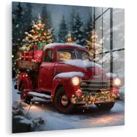 MuchoWow Glasschilderij 50x50 cm - Schilderij acrylglas - Kersttruck - Sneeuwbos - Rood - Foto op glas - Muurdecoratie woonkamer - Wanddecoratie slaapkamer - Schilderijen