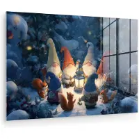MuchoWow Glasschilderij 60x40 cm - Schilderij acrylglas - Winter - Gnooms - Eekhoorns - Meerkleurig - Foto op glas - Muurdecoratie woonkamer - Wanddecoratie slaapkamer - Schilderijen