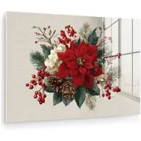 MuchoWow Glasschilderij 180x120 cm - Schilderij acrylglas - Kerststuk - Poinsettia - Dennenappels - Rood - Foto op glas - Muurdecoratie woonkamer - Wanddecoratie slaapkamer - Schilderijen