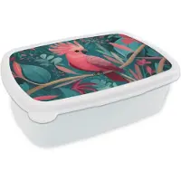 MuchoWow Broodtrommel Wit - Lunchbox Kaketoe - Tropische bladeren - Tak - Brooddoos 18x12x6 cm - Brood lunch box - Broodtrommels voor kinderen en volwassenen