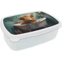 MuchoWow Broodtrommel Wit - Lunchbox Schotse hooglander - Badkamer - Blauw - Bad - Brooddoos 18x12x6 cm - Brood lunch box - Broodtrommels voor kinderen en volwassenen
