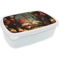 MuchoWow Broodtrommel Wit - Lunchbox Gnooms - Kerst - Raam - Kleurrijk - Brooddoos 18x12x6 cm - Brood lunch box - Broodtrommels voor kinderen en volwassenen