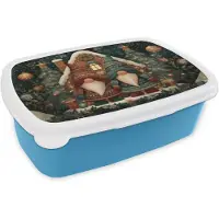 MuchoWow Broodtrommel Blauw - Lunchbox Kerst - Gnomen - Peperkoekhuisje - Rood - Groen - Brooddoos 18x12x6 cm - Brood lunch box - Broodtrommels voor kinderen en volwassenen