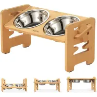 BOTC Voerbak voor Honden XL - met 2 RVS bakken - Hoogte verstelbaar - 44*22*38cm - Dubbele Voerbak Kleine Honden en Katten - Bamboe
