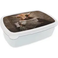 MuchoWow Broodtrommel Wit - Lunchbox Schotse hooglander - Krant - Toilet - Brooddoos 18x12x6 cm - Brood lunch box - Broodtrommels voor kinderen en volwassenen