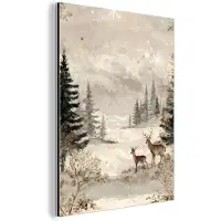 MuchoWow Aluminium schilderij 120x160 cm - Wanddecoratie metaal - Bos - Herten - Winter - Sneeuw - Metalen muurdecoratie woonkamer - Decoratie industrieel - Foto op dibond - Industriële accessoires slaapkamer