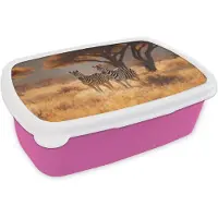 MuchoWow Broodtrommel Roze - Lunchbox Zebra's - Savannelandschap - Gras - Brooddoos 18x12x6 cm - Brood lunch box - Broodtrommels voor kinderen en volwassenen