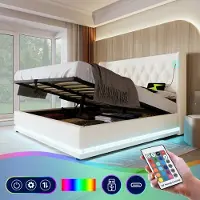 SINGULARITY -Gestoffeerd tweepersoonsbed 140 x 200 cm- hoofdbord met USB Type-C- 3-zijdige LED- Zonder matras