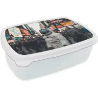 MuchoWow Broodtrommel Wit - Lunchbox Stad - Mensen - Astronaut - Wit - Brooddoos 18x12x6 cm - Brood lunch box - Broodtrommels voor kinderen en volwassenen