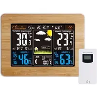 LONGZIMING Draadloos Digitale Weerstation – Buiten Sensor, Tijd, Datum, Temperatuur, Vochtigheid, Barometer, Alarm – Met buitensensor – Kleurenscherm – Weersverwachtingsklok