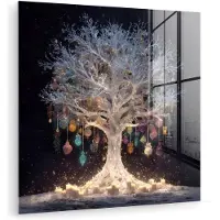 MuchoWow Glasschilderij 50x50 cm - Schilderij acrylglas - Sneeuwboom - Lichtjes - Wit - Kleurrijk - Foto op glas - Muurdecoratie woonkamer - Wanddecoratie slaapkamer - Schilderijen