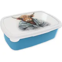 MuchoWow Broodtrommel Blauw - Lunchbox Schotse hooglander - Deken - Wit - Brooddoos 18x12x6 cm - Brood lunch box - Broodtrommels voor kinderen en volwassenen