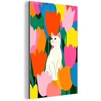 MuchoWow Aluminium schilderij 120x180 cm - Wanddecoratie metaal - Tulpen - Kat - Kleurrijk - Metalen muurdecoratie woonkamer - Decoratie industrieel - Foto op dibond - Industriële accessoires slaapkamer