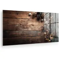 MuchoWow Glasschilderij 160x80 cm - Schilderij acrylglas - Kersthoekdecoratie - Dennenappels - Lichtjes - Foto op glas - Muurdecoratie woonkamer - Wanddecoratie slaapkamer - Schilderijen