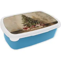 MuchoWow Broodtrommel Blauw - Lunchbox Kerstboom - Versierd - Kleurrijk - Brooddoos 18x12x6 cm - Brood lunch box - Broodtrommels voor kinderen en volwassenen