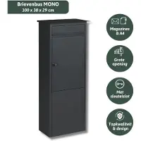 Famiflora brievenbus MONO met sleutelslot - mat zwart - 100 x 38 x 29 cm - topkwaliteit!