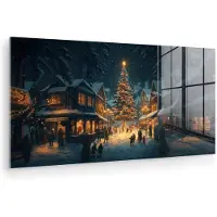 MuchoWow Glasschilderij 40x20 cm - Schilderij acrylglas - Kerstfeest - Dorp - Donker - Foto op glas - Muurdecoratie woonkamer - Wanddecoratie slaapkamer - Schilderijen