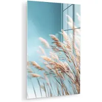 MuchoWow Glasschilderij 120x180 cm - Schilderij acrylglas - Siergras - Wind - Lichtbruin - Foto op glas - Muurdecoratie woonkamer - Wanddecoratie slaapkamer - Schilderijen