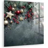 MuchoWow Glasschilderij 20x20 cm - Schilderij acrylglas - Kerstomlijsting - Hulst - Kleurrijk - Foto op glas - Muurdecoratie woonkamer - Wanddecoratie slaapkamer - Schilderijen
