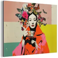 MuchoWow Aluminium schilderij 40x30 cm - Wanddecoratie metaal - Retro - Vrouw - Kopje - Vlinders - Metalen muurdecoratie woonkamer - Decoratie industrieel - Foto op dibond - Industriële accessoires slaapkamer