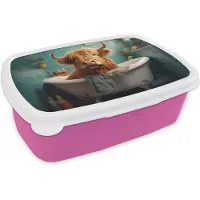 MuchoWow Broodtrommel Roze - Lunchbox Schotse hooglander - Badkamer - Blauw - Bad - Brooddoos 18x12x6 cm - Brood lunch box - Broodtrommels voor kinderen en volwassenen